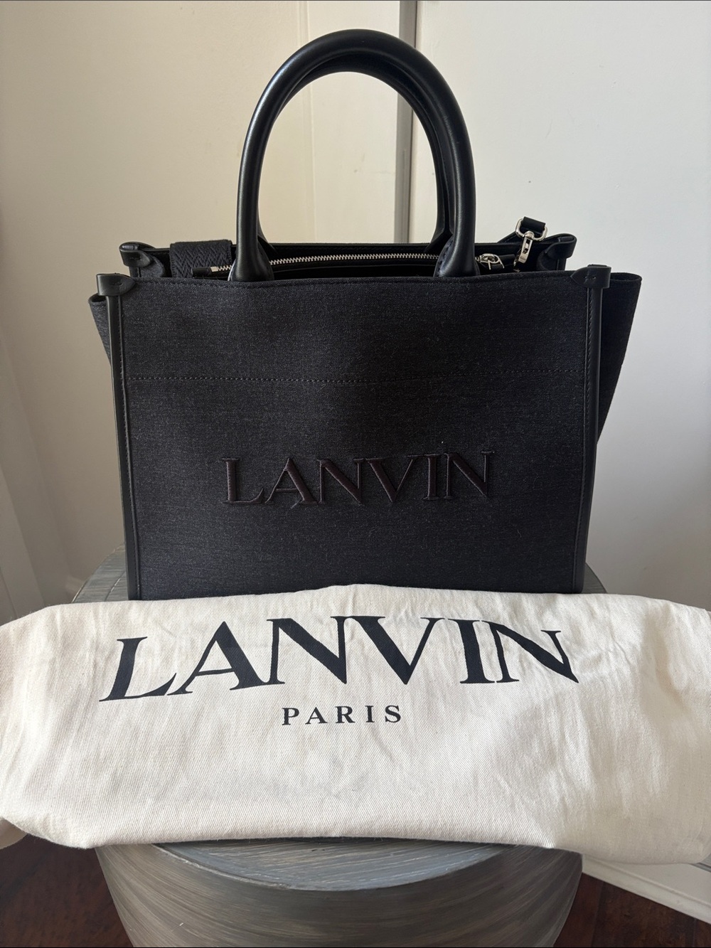 Lanvin In & Out Medium Tote Bag Black Canvas Leather Trim | NWT
